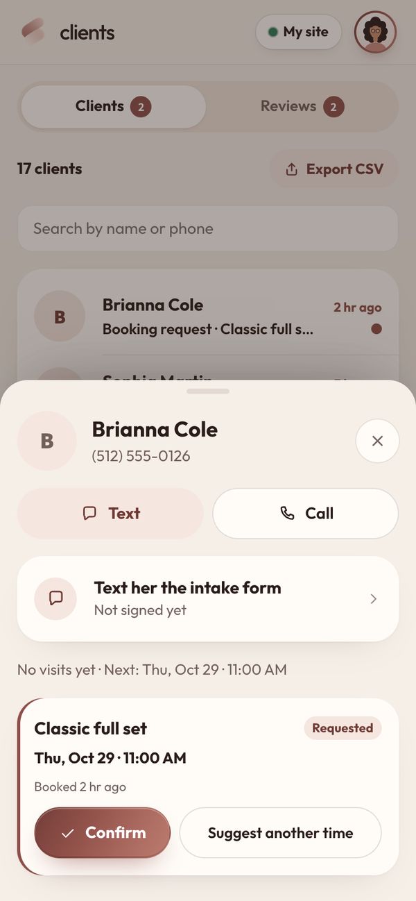 A request comes to you. Confirm it in one tap, between clients